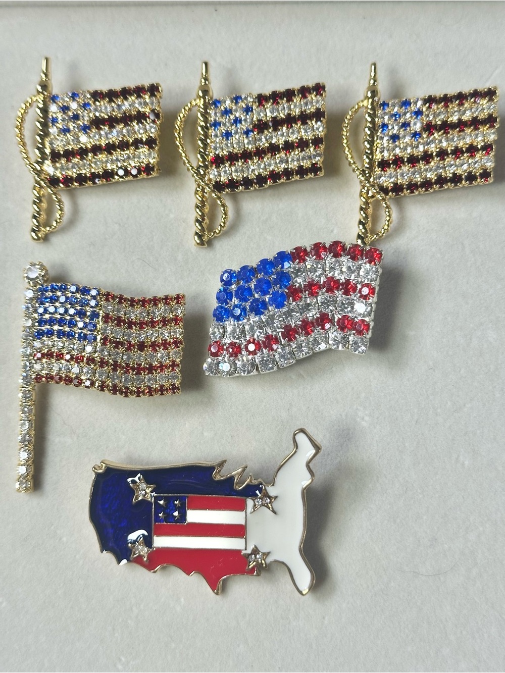 Vintage Rhinestone American Flag Brooch Lot  - Red, White & Blue (5 Brooches)